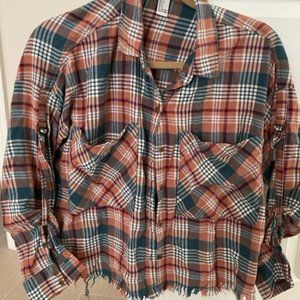 Forever 21 Plaid Fringe Hem Roll Sleeve Shirt - Small